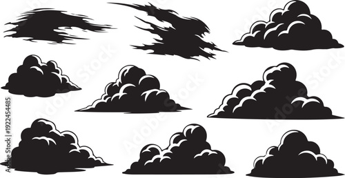 Collection of various cartoon style cloud shapes and designs