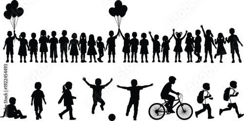 Silhouette of children playing with balloons, riding bicycle and running, collection of diverse kids figures for childhood joy and school design.