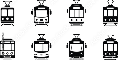 Silhouette illustration of tram and streetcar icons with varied window shapes, headlights, pantographs, and structural outlines for urban transport, signage, and graphic design themes