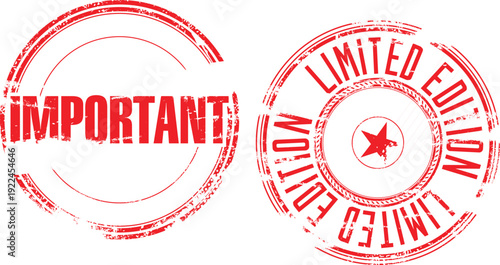 Two red rubber stamps with the words important and limited edition on a white background