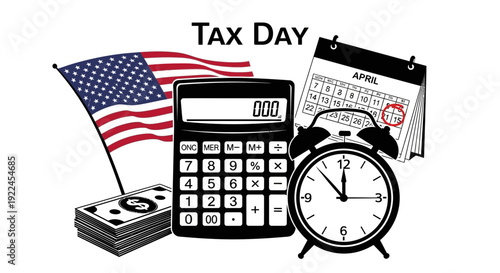 Tax day concept with calculator and american flag illustration