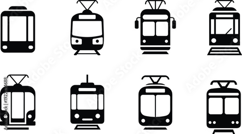 Silhouette illustration of tram and streetcar icons with varied window, pantograph, and front designs for urban transport, signage, maps, and digital interface themes