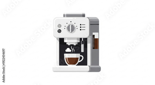 Modern coffee machine with steaming cup on white background illustrating morning routine and daily beverage