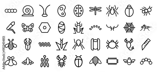 Entomology and pest control monoline icons featuring diverse insects, arachnids, and biological symbols. Professional chunky-geometric pictograms for environmental studies and nature education.