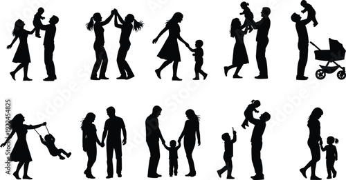 Silhouette of happy families including parents lifting babies, walking with children and pushing a stroller, collection of diverse lifestyle parenting figures.