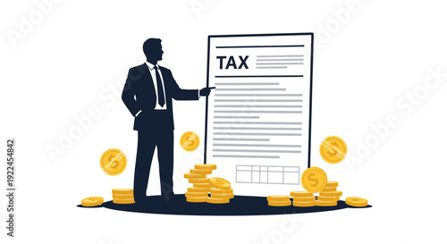Man in suit standing next to a large tax document surrounded by coins.
