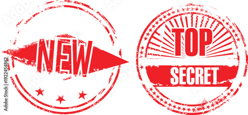 Two vibrant stamps, one red arrow labeled new and one circular stamp labeled top secret