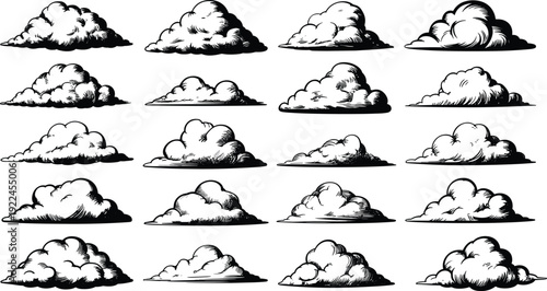 Stylized cloud illustration set featuring twenty black‑and‑white sketch designs with varied shapes, shading, and contours symbolizing weather, atmosphere, environment, and decorative graphics