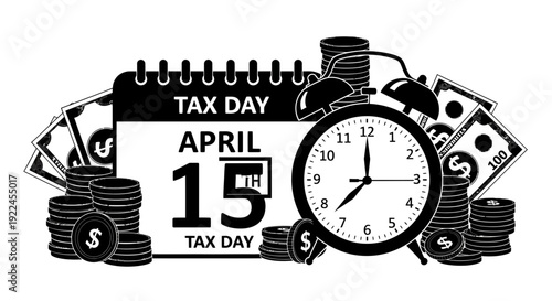 Tax day illustration with calendar and clock