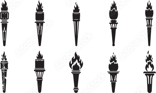 Collection of black torch icons on white background