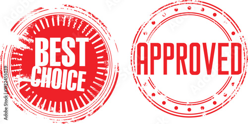Two vibrant red rubber stamps with the words best choice and approved