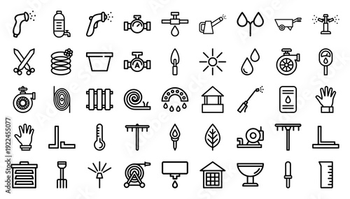 Garden irrigation and professional landscaping technical monoline icons. Minimalist black line pictograms for agricultural watering systems and lawn maintenance.