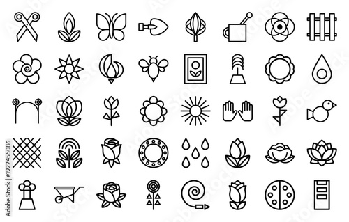Garden and horticulture line icons for landscaping and botanical branding. Minimalist monoline pictograms featuring floral growth, tools, and nature elements.
