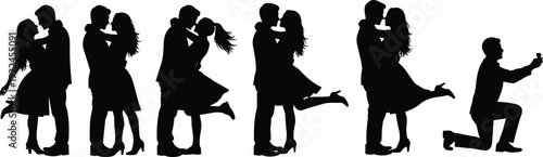 Silhouette of romantic couples hugging and kissing in various poses including a man kneeling for a wedding proposal, relationship lifestyle collection.