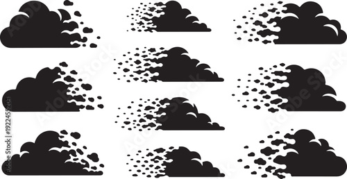 Black cloud silhouettes with rain droplets on white background