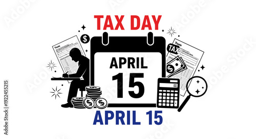 A person working on tax returns with a calendar showing april 15 deadline.