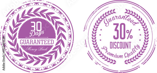 Two circular stamps with purple background and white text, one for guarantee and one for discount.