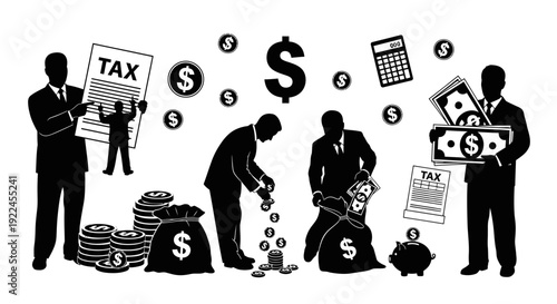 Silhouette figures interacting with money and a tax sign in various scenarios.