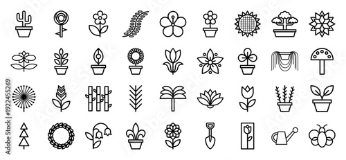 Botanical line art symbols for gardening branding and floral shop interfaces. Technical monoline icons featuring potted plants, wildflowers, and horticultural tools.
