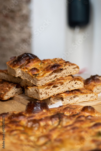 Focaccia, a popular Italian flatbread, with rosemary and salt