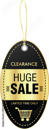 Black and gold clearance sale tag with limited time offer and shopping cart icon