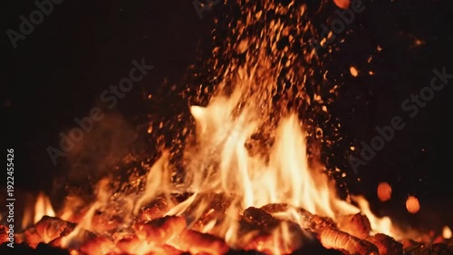 Burning campfire close up with sparks and flames against a dark background, cozy and warm glow