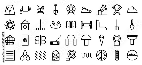 Gardening and landscaping outline icons featuring horticulture tools, planting equipment, and backyard maintenance elements in a clean monoline technical style.
