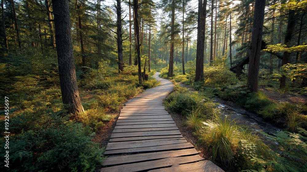 Fototapeta premium A serene wooden boardwalk winds through a lush forest with tall trees and greenery
