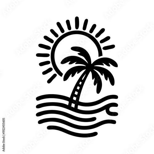 Logo agencia de viajes. Vacaciones de verano. Dibujo sencillo con líneas de un paisaje con la palma, sol y olas de mar