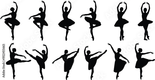 Ballerina silhouette set of dancing women, ballet dancer collection in various graceful poses, classical dance performance and artistic theater movements.