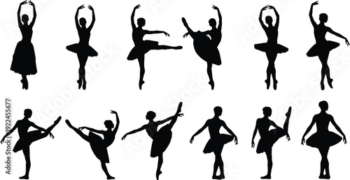 Ballerina silhouette set of dancing women, ballet dancer collection in various artistic poses, classical dance performance and graceful theater movements. (20 words)