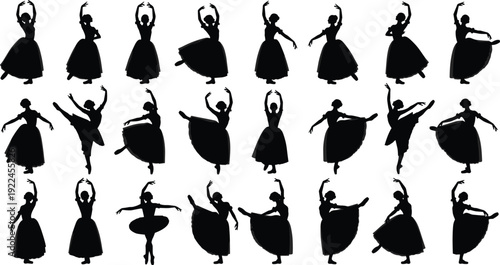 Ballet dancer silhouettes, classical ballet poses, arabesque pirouette plié, tutu costume, graceful movement, dance art, stage performance, elegant posture, ballerina illustration, choreography design