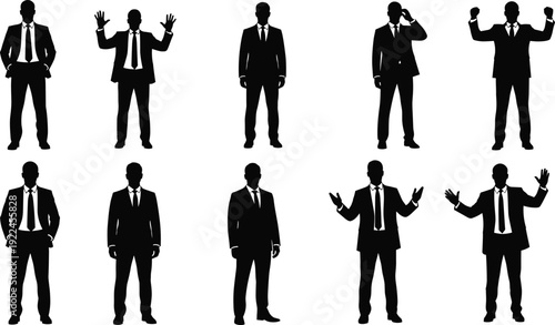 Vector Silhouette Set of Professional Businessman in Various Poses Including Talking on Phone Celebrating and Presenting for Corporate Leadership and Success