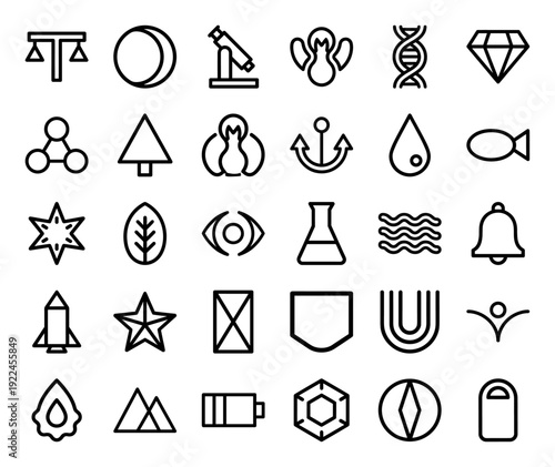 Abstract minimalist monoline symbols for scientific research and natural discovery. Uniform line weight pictograms featuring biology, chemistry, and physics concepts.