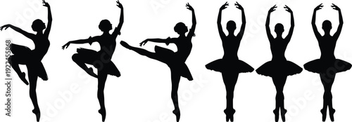 Ballet dancer silhouettes, classical ballet poses, tutu costume, graceful movement, arabesque position, pirouette stance, elegant posture, dance art, ballerina illustration, choreography design