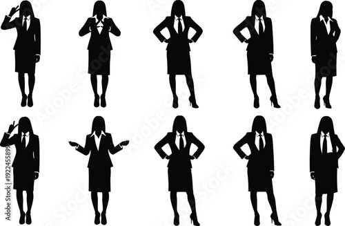 Vector Silhouette Set of Professional Businesswoman in Various Poses Wearing Formal Suit and Tie for Corporate Leadership and Success Concept Design