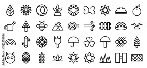 Sustainable gardening and organic agriculture monoline icons featuring botanical elements, weather symbols, and outdoor tools in a minimal geometric style.