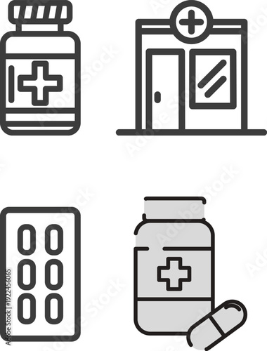 Hospital Icon Set Multiple Style Collection Vector Illustration, Placebo Pill Icon Set Multiple Style Collection. Healthcare icon set multiple style collection First Aid Icon Multiple Style Medicine.