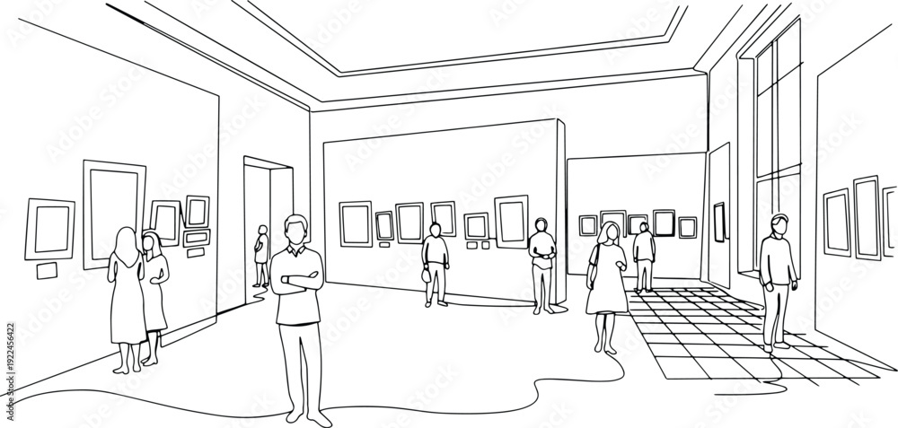 Fototapeta premium People visiting art gallery exhibition. Minimal line art of museum interior scene.