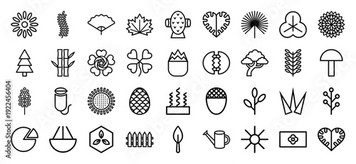 Botanical and gardening line art elements for organic branding. Minimalist monoline pictograms featuring diverse foliage, floral shapes, and horticulture tools.