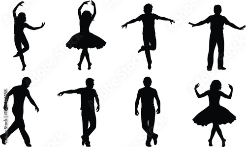 black silhouettes featuring a wide variety of female ballerinas in classical dance poses and artistic stage movements.