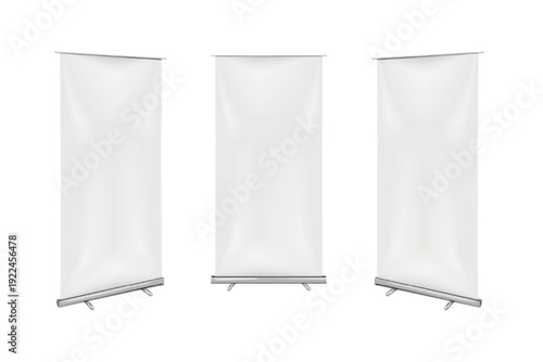 Blank white roll-up retractable banner stand. Front and half-turned. Isolated mockup set. Pull-up roller standee. Realistic vector mock-up. Kakemono advertising display stand. Template for design