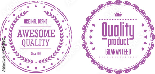 Two purple circular stamps with the words awesome quality and quality product guaranteed