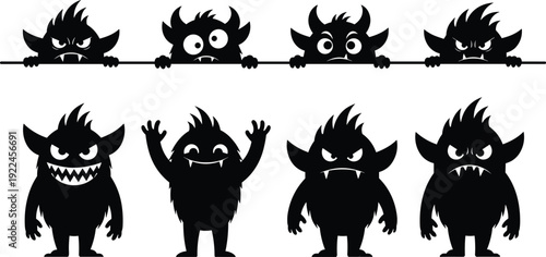 Black Little Monster Silhouette Collection, Spooky Creature Peeking Over Border, Cute Halloween Alien Character Set for Vector Graphic Design Elements (21 words)
