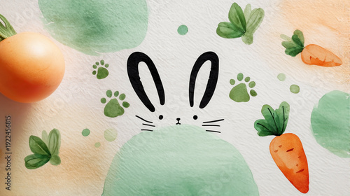 Wallpaper Mural watercolor illustration of a cute bunny peeking with carrots and paw prints, soft pastel spring Easter background Torontodigital.ca
