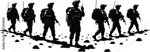 Black silhouettes of a family of five giraffes walking and standing in various poses isolated on white background for nature concepts