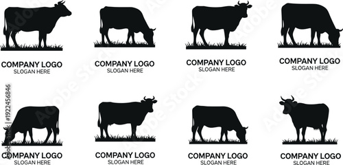 Set of cow vector silhouettes for company logos featuring cattle grazing in grass, standing beef animals, and dairy farming icons.