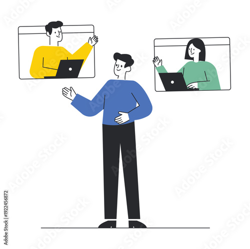 Team of professionals participating in a remote video conference call vector illustration.