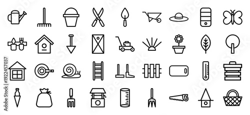 Sustainable gardening and landscaping maintenance tools in a modern monoline style. Professional line art pictograms for backyard cultivation and horticulture.