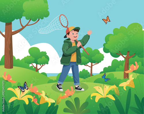 Cartoon, Start of Spring, Travel, Spring Outing, Spring Tour, Kids Catching Butterflies, Nature, Camping, Outdoor Activity, Picnic, Trip, Friends, Free Travel, Gradient Scene, Vector Illustration